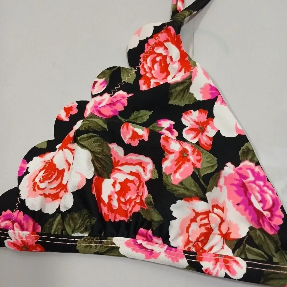 Women Bikini Top Tropical Vacation Black Red S/M 30
